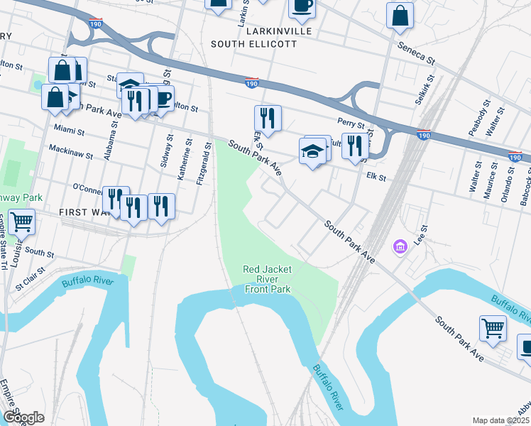 map of restaurants, bars, coffee shops, grocery stores, and more near 16 Harvey Place in Buffalo