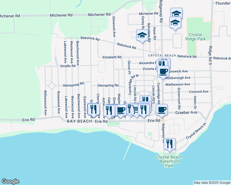 map of restaurants, bars, coffee shops, grocery stores, and more near 303 Maplewood Avenue in Fort Erie