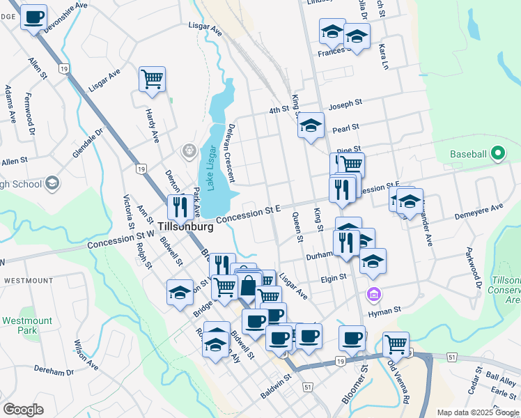 map of restaurants, bars, coffee shops, grocery stores, and more near 17 Lisgar Court in Tillsonburg