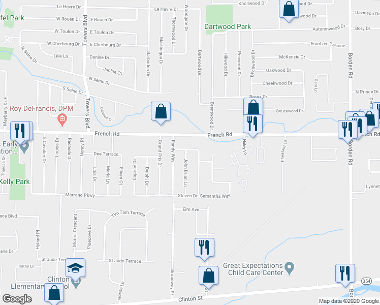 map of restaurants, bars, coffee shops, grocery stores, and more near 5 John Brian Lane in Buffalo