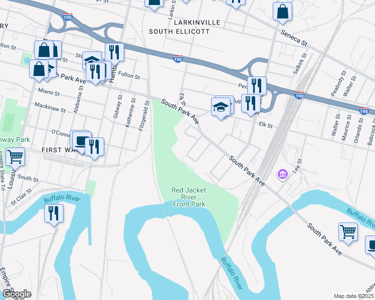 map of restaurants, bars, coffee shops, grocery stores, and more near 16 Harvey Place in Buffalo