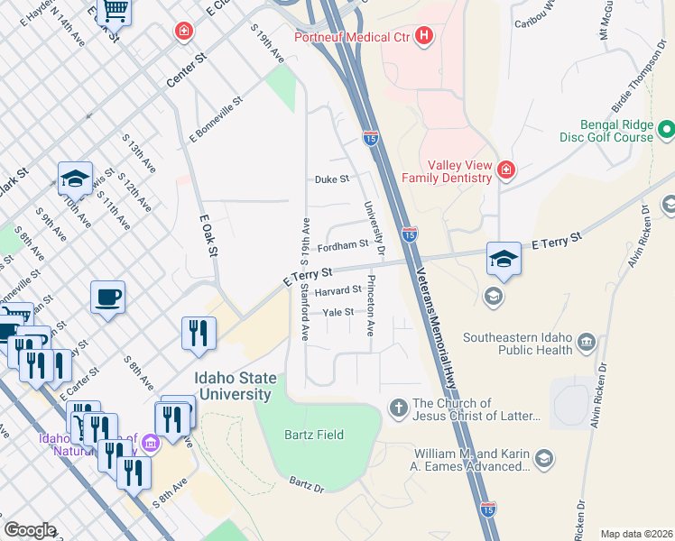 map of restaurants, bars, coffee shops, grocery stores, and more near 1706 East Terry Street in Pocatello