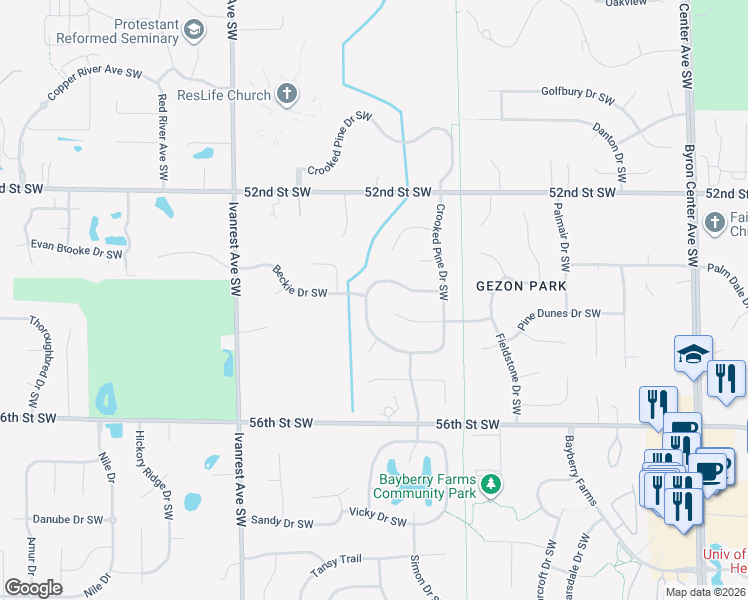 map of restaurants, bars, coffee shops, grocery stores, and more near 2974 North Horseshoe Drive Southwest in Grandville