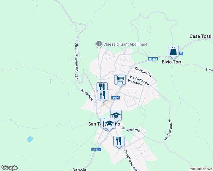 map of restaurants, bars, coffee shops, grocery stores, and more near 28 Via del Campanile in San Terenziano