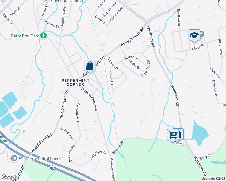 map of restaurants, bars, coffee shops, grocery stores, and more near 17 Pelican Circle in Derry