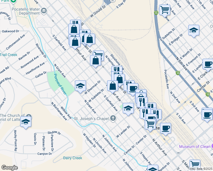 map of restaurants, bars, coffee shops, grocery stores, and more near 878 North Arthur Avenue in Pocatello