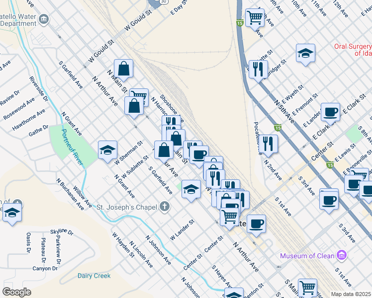 map of restaurants, bars, coffee shops, grocery stores, and more near 225 West Bridger Street in Pocatello