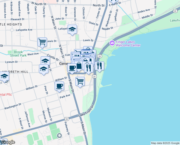 map of restaurants, bars, coffee shops, grocery stores, and more near 505 New York 14 in Geneva