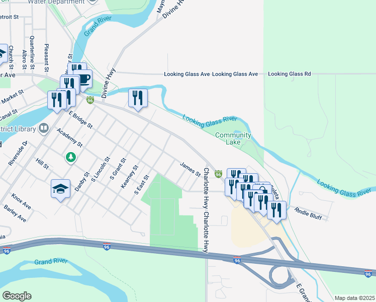 map of restaurants, bars, coffee shops, grocery stores, and more near 1037 East Grand River Avenue in Portland