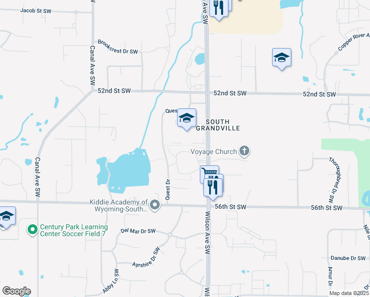 map of restaurants, bars, coffee shops, grocery stores, and more near 4032 Rivertown Lane Southwest in Wyoming