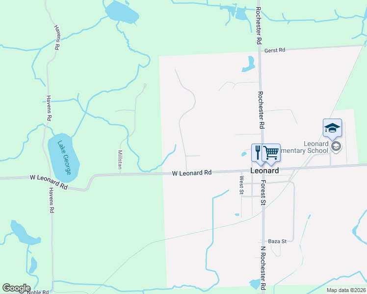 map of restaurants, bars, coffee shops, grocery stores, and more near 4594 Rosy Drive in Leonard