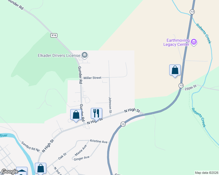 map of restaurants, bars, coffee shops, grocery stores, and more near Johnson Street in Elkader