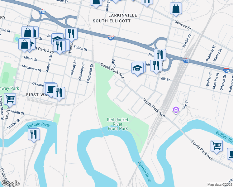 map of restaurants, bars, coffee shops, grocery stores, and more near 16 Harvey Place in Buffalo