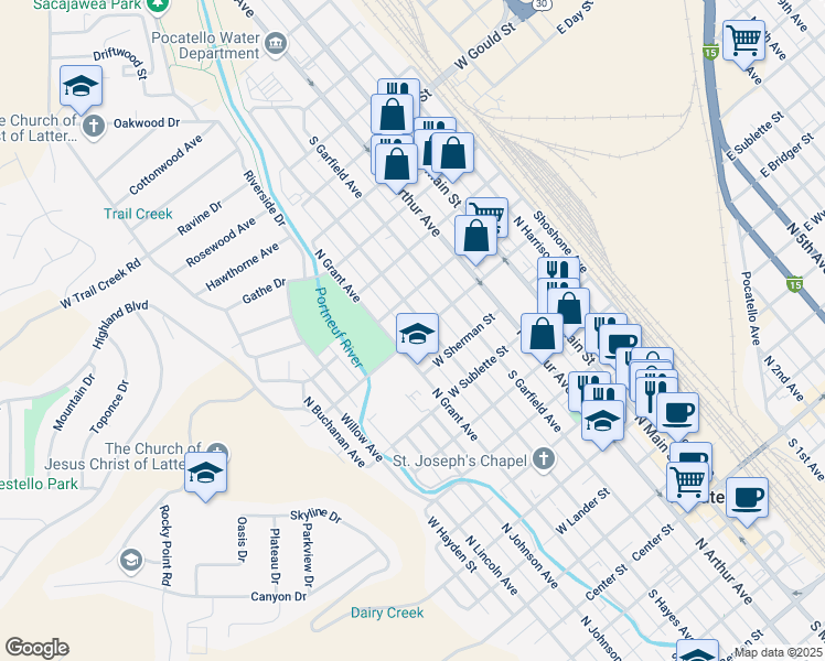 map of restaurants, bars, coffee shops, grocery stores, and more near 626 West Custer Street in Pocatello