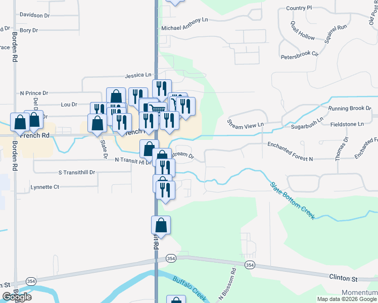 map of restaurants, bars, coffee shops, grocery stores, and more near 23 Foxwood Row in Depew