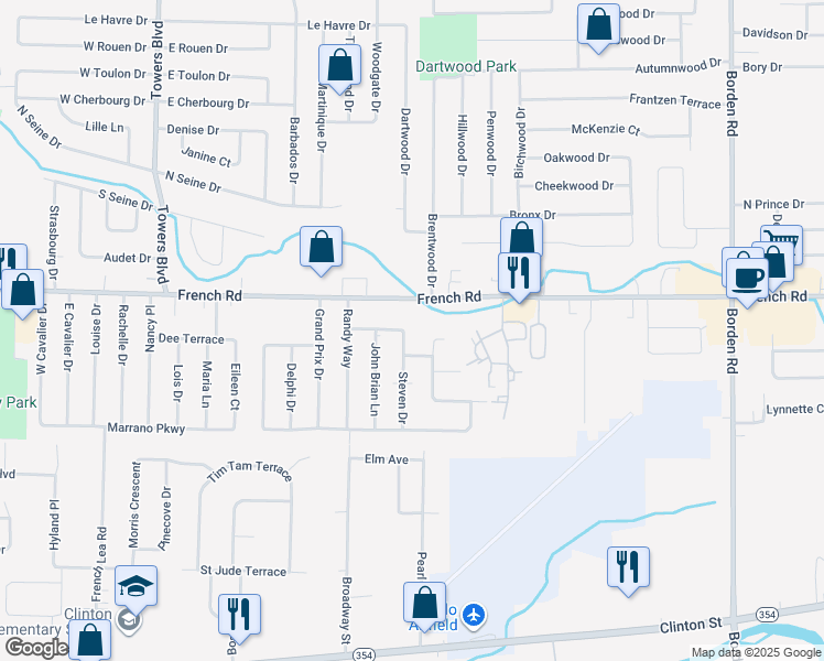 map of restaurants, bars, coffee shops, grocery stores, and more near 44 Steven Drive in Buffalo