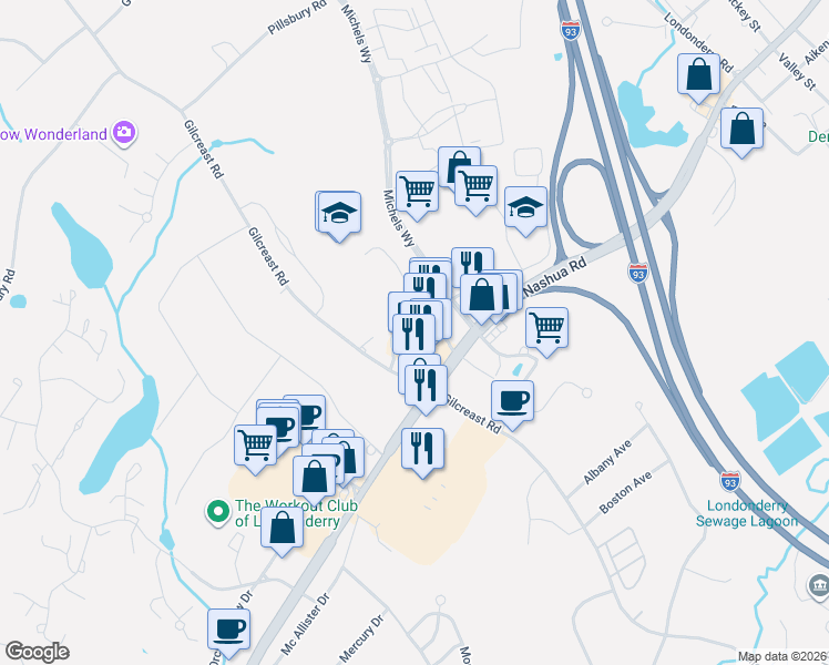 map of restaurants, bars, coffee shops, grocery stores, and more near 44 Nashua Road in Londonderry