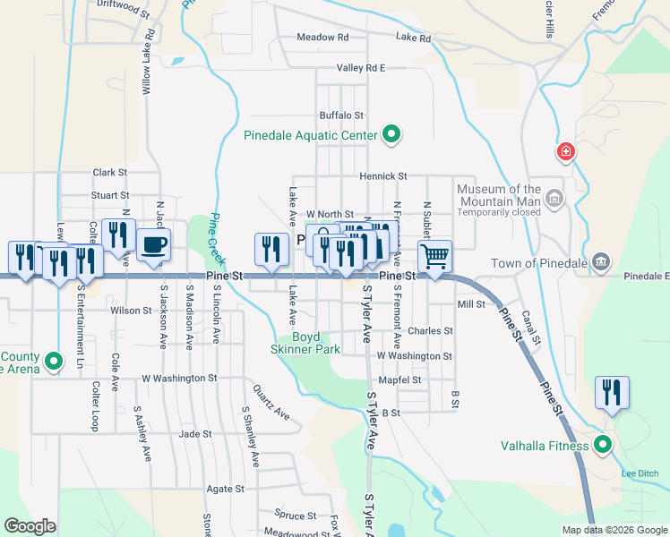 map of restaurants, bars, coffee shops, grocery stores, and more near 117 West Pine Street in Pinedale