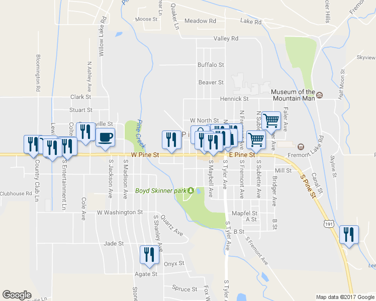 map of restaurants, bars, coffee shops, grocery stores, and more near 231 West Pine Street in Pinedale