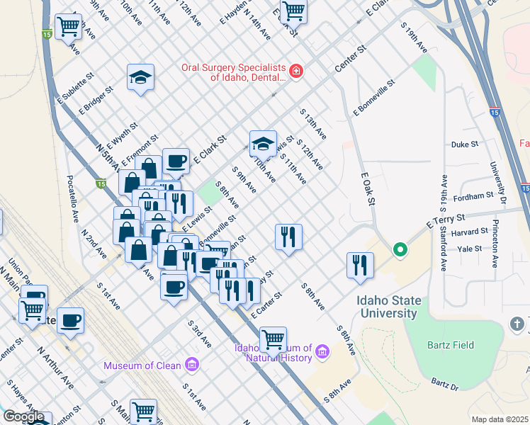 map of restaurants, bars, coffee shops, grocery stores, and more near 345 South 9th Avenue in Pocatello