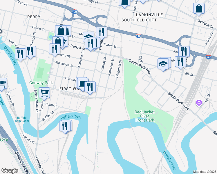 map of restaurants, bars, coffee shops, grocery stores, and more near 252 O'Connell Street in Buffalo