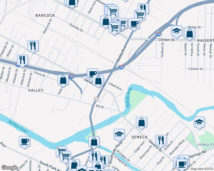 map of restaurants, bars, coffee shops, grocery stores, and more near in Buffalo