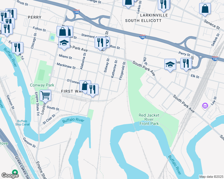 map of restaurants, bars, coffee shops, grocery stores, and more near 252 O'Connell Street in Buffalo