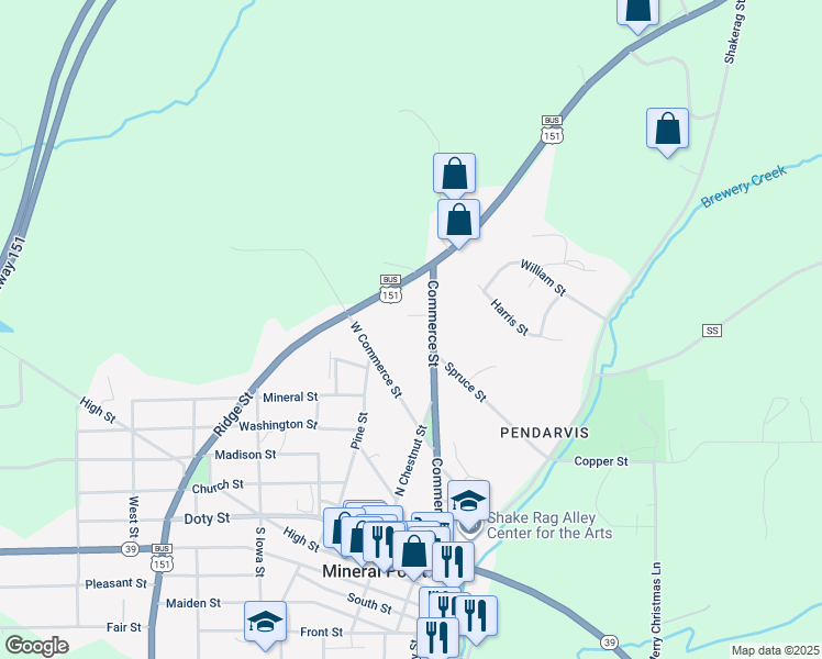 map of restaurants, bars, coffee shops, grocery stores, and more near 240 Aebersold Lane in Mineral Point