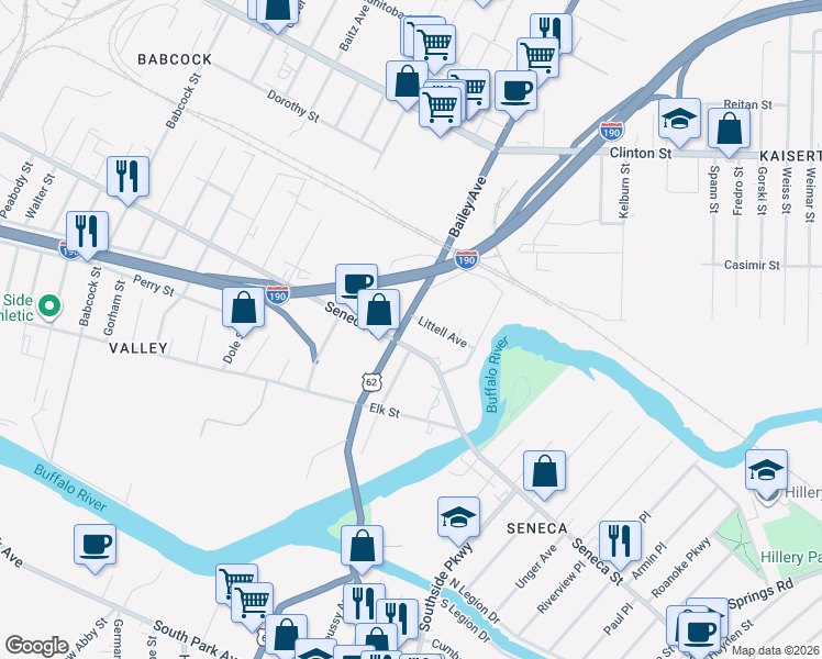 map of restaurants, bars, coffee shops, grocery stores, and more near 417 Bailey Avenue in Buffalo