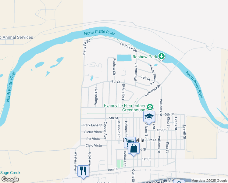 map of restaurants, bars, coffee shops, grocery stores, and more near 658 Pony Express Trail in Evansville