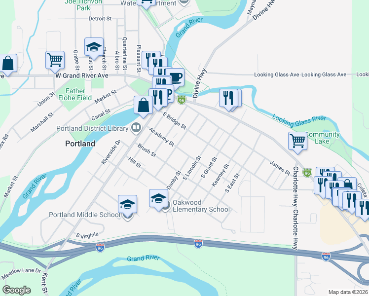 map of restaurants, bars, coffee shops, grocery stores, and more near 423 Academy Street in Portland