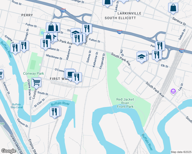 map of restaurants, bars, coffee shops, grocery stores, and more near 252 O'Connell Street in Buffalo