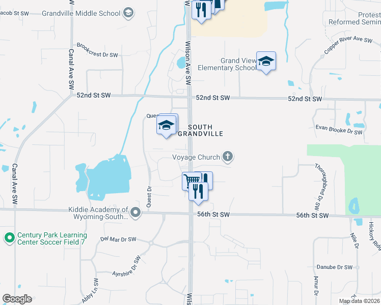 map of restaurants, bars, coffee shops, grocery stores, and more near 5388 Wilson Avenue Southwest in Wyoming
