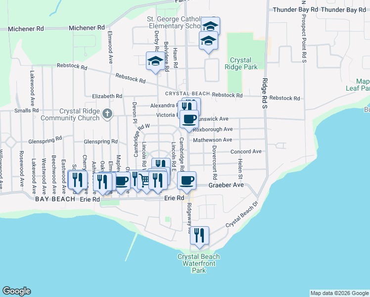 map of restaurants, bars, coffee shops, grocery stores, and more near 313 Ridgeway Road in Fort Erie