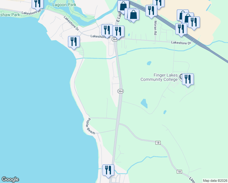 map of restaurants, bars, coffee shops, grocery stores, and more near 3300 New York 364 in Canandaigua