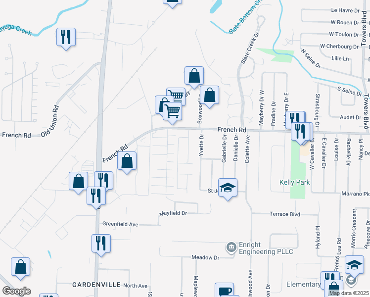 map of restaurants, bars, coffee shops, grocery stores, and more near 36 Hickory Grove Lane in Buffalo