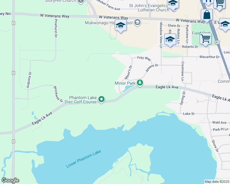 map of restaurants, bars, coffee shops, grocery stores, and more near 413 Minor's Drive in Mukwonago