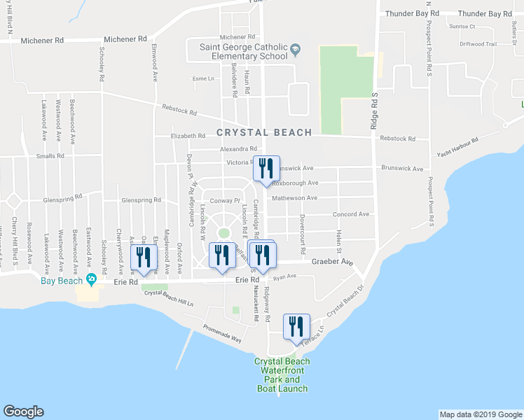 map of restaurants, bars, coffee shops, grocery stores, and more near 313 Ridgeway Road in Fort Erie