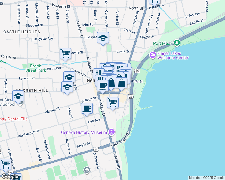 map of restaurants, bars, coffee shops, grocery stores, and more near 40-42 Seneca Street in Geneva