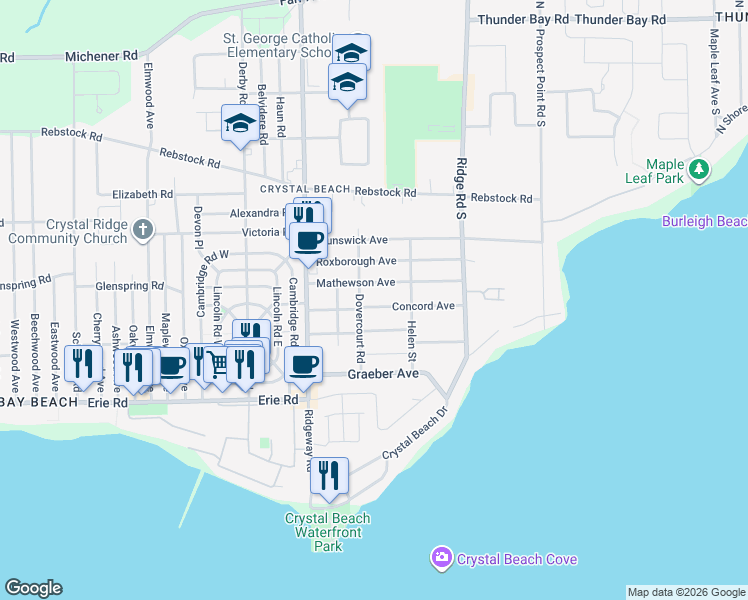map of restaurants, bars, coffee shops, grocery stores, and more near 3792 Concord Avenue in Fort Erie
