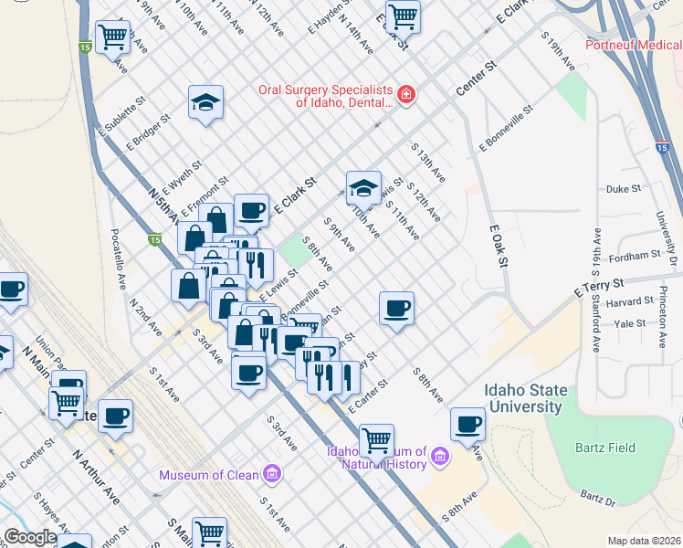 map of restaurants, bars, coffee shops, grocery stores, and more near 308 South 8th Avenue in Pocatello