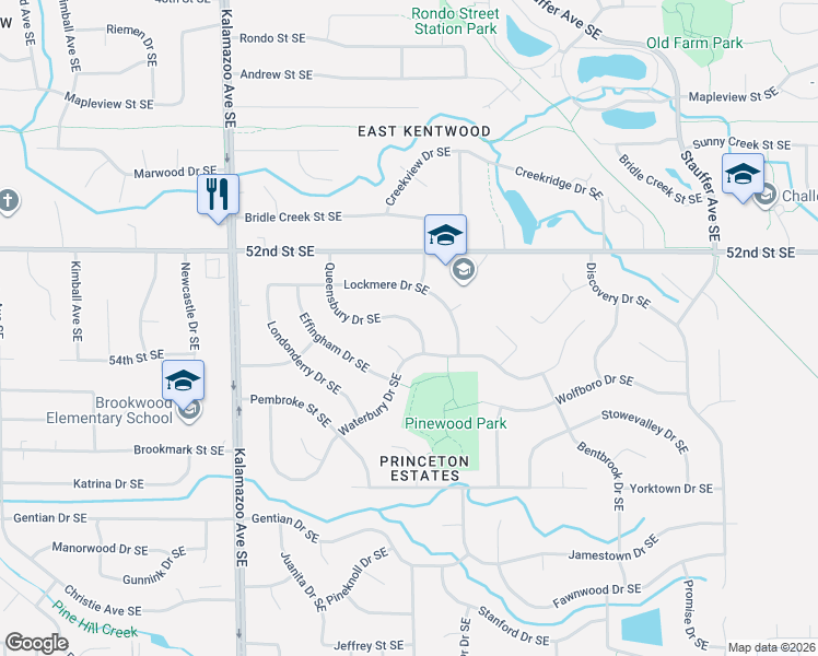 map of restaurants, bars, coffee shops, grocery stores, and more near 5349 Queensbury Drive Southeast in Kentwood