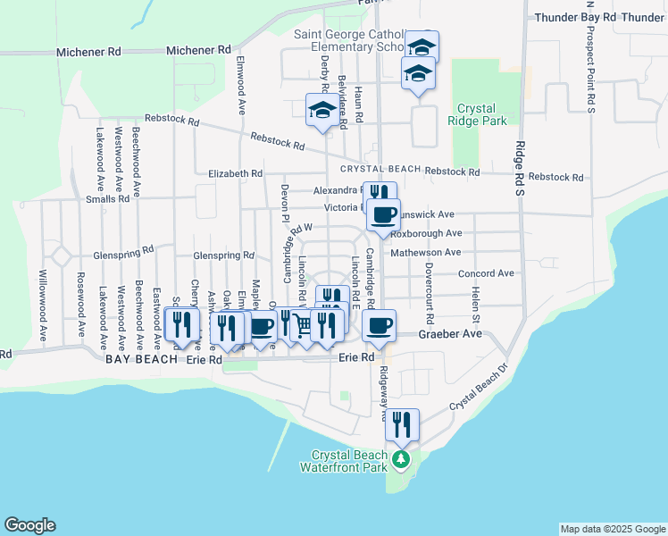 map of restaurants, bars, coffee shops, grocery stores, and more near 6 Loomis Crescent East in Fort Erie