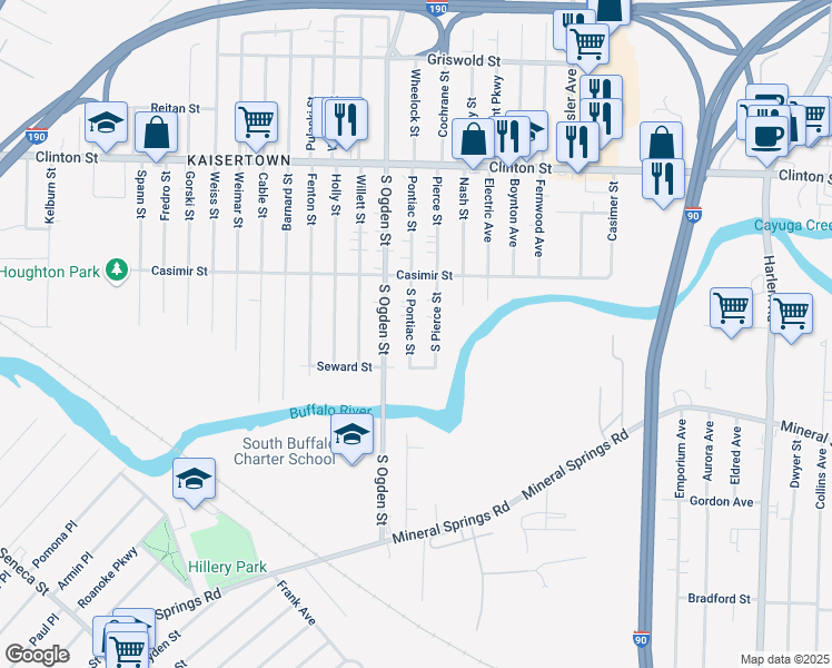 map of restaurants, bars, coffee shops, grocery stores, and more near 69 South Pontiac Street in Buffalo