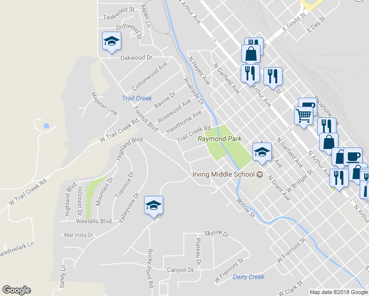map of restaurants, bars, coffee shops, grocery stores, and more near 92 Greenwood Ave in Pocatello