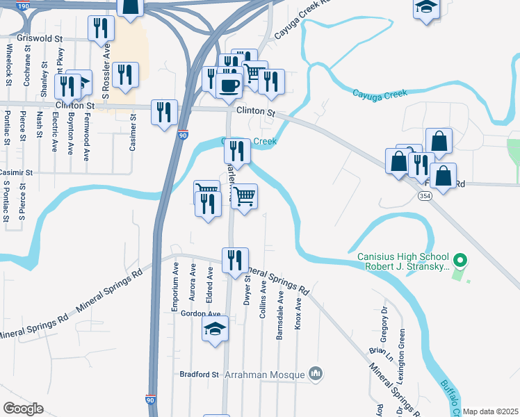 map of restaurants, bars, coffee shops, grocery stores, and more near 452 Collins Avenue in Buffalo
