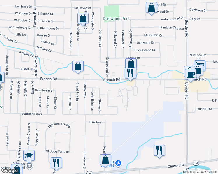 map of restaurants, bars, coffee shops, grocery stores, and more near 12 Rondelay Court in Buffalo