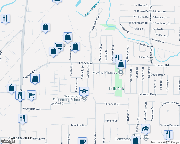map of restaurants, bars, coffee shops, grocery stores, and more near 32 Danielle Drive in Buffalo
