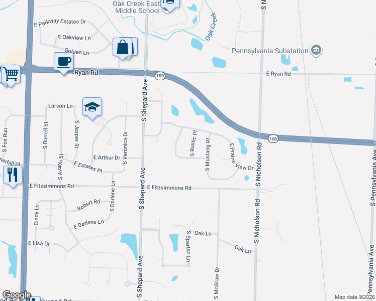 map of restaurants, bars, coffee shops, grocery stores, and more near 9758 South Rustic Place in Oak Creek