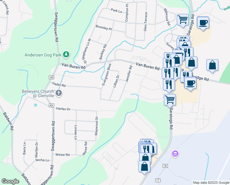 map of restaurants, bars, coffee shops, grocery stores, and more near 5 Lillian Drive in Schenectady